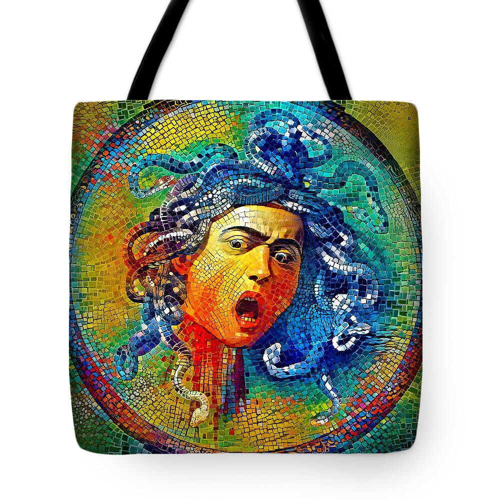 Medusa Tote Bag featuring the digital art Medusa by Caravaggio - colorful mosaic by Nicko Prints