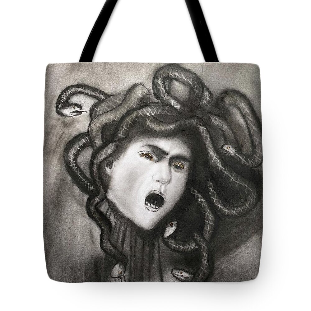 Medusa Tote Bag featuring the drawing Medusa by Caravaggio by Nadija Armusik