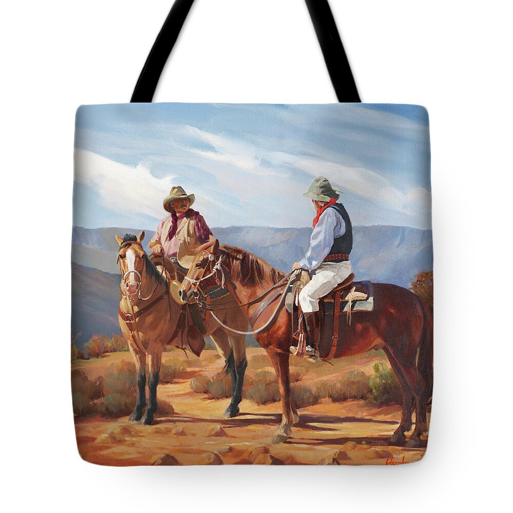 Western Art Tote Bag featuring the painting Meeting on Rim Trail by Carolyne Hawley