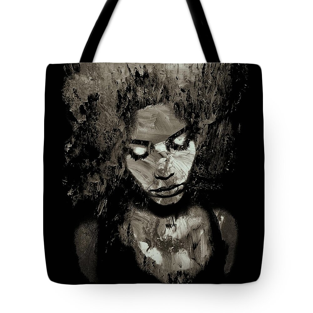 Marian Voicu Tote Bag featuring the digital art Melancholy and the Infinite Sadness Black and White by Marian Voicu