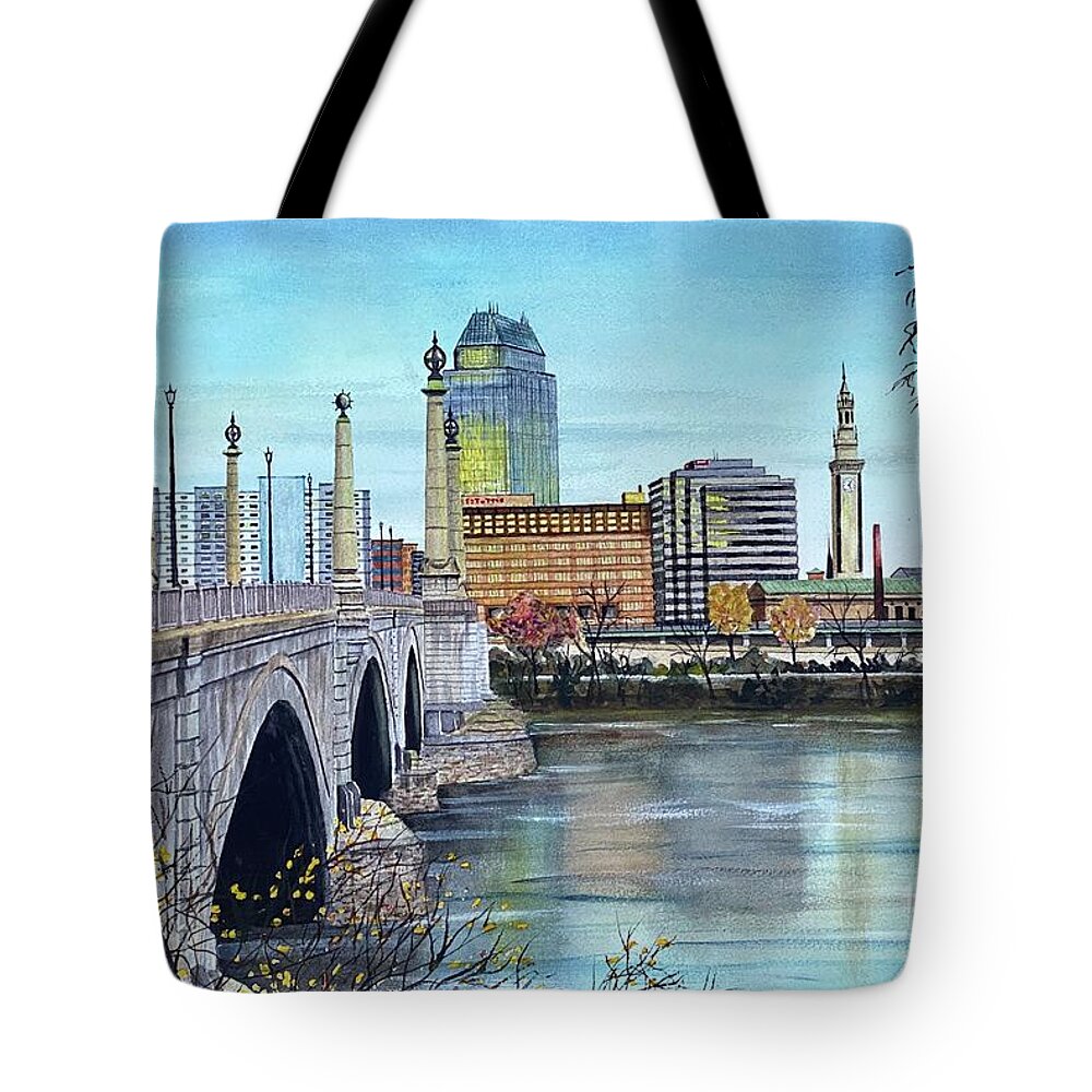 Bridge Tote Bag featuring the painting Memorial Bridge to Springfield MA by Joseph Burger