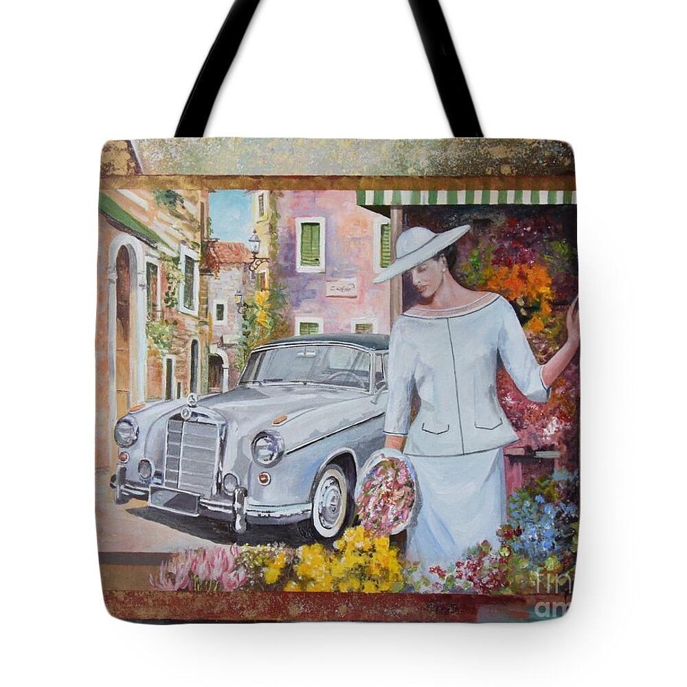 Mercedes-benz 220 S Cabriolet Tote Bag featuring the painting Mercedes-Benz 220 s cabriolet by Sinisa Saratlic