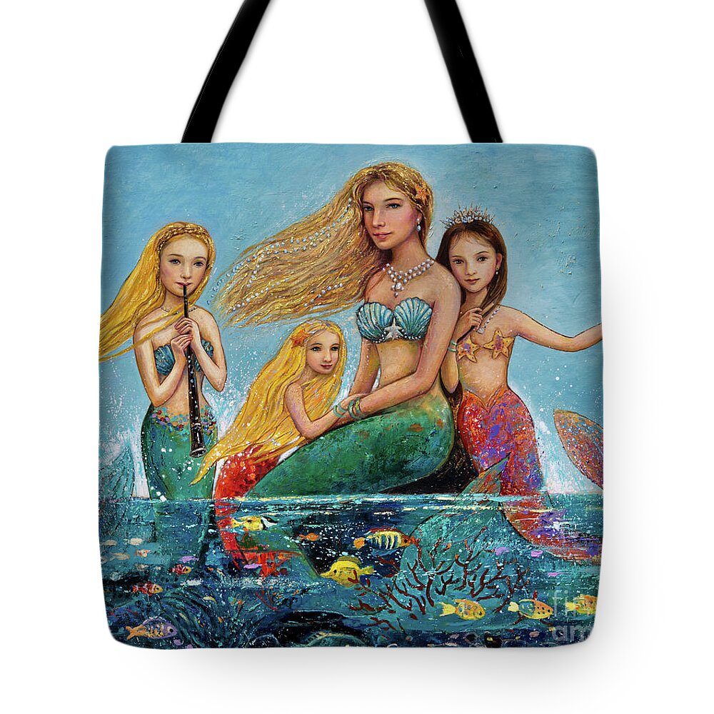 Mermaid Tote Bag featuring the painting Mermaid Family by Shijun Munns