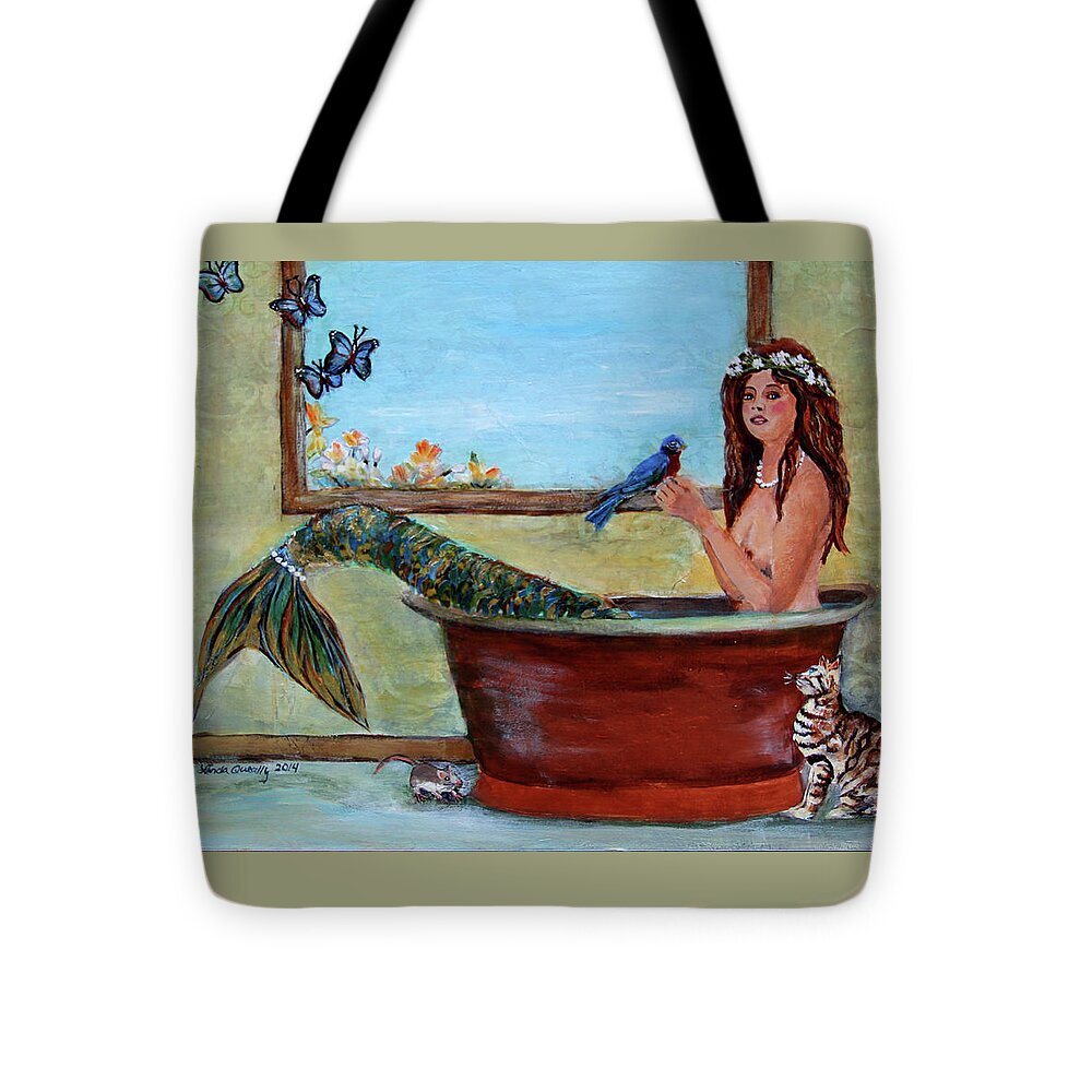 Mermaid Tote Bag featuring the painting Mermaid in Bathtub Spring Mermaid Painting by Linda Queally by Linda Queally