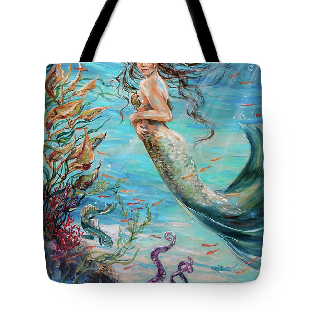Mermaid Tote Bag featuring the painting Mermaid Neighbors by Linda Olsen