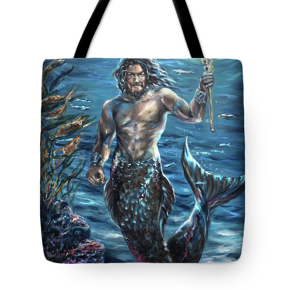Mermaids Tote Bag featuring the painting Merman Strength by Linda Olsen