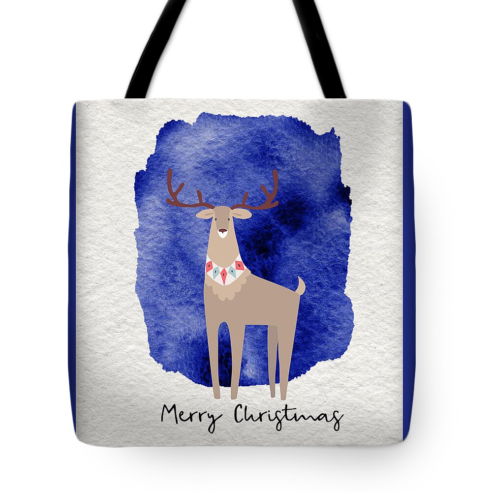 Merry Christmas Tote Bag featuring the painting Merry Christmas Blue Watercolor Deer by Modern Art