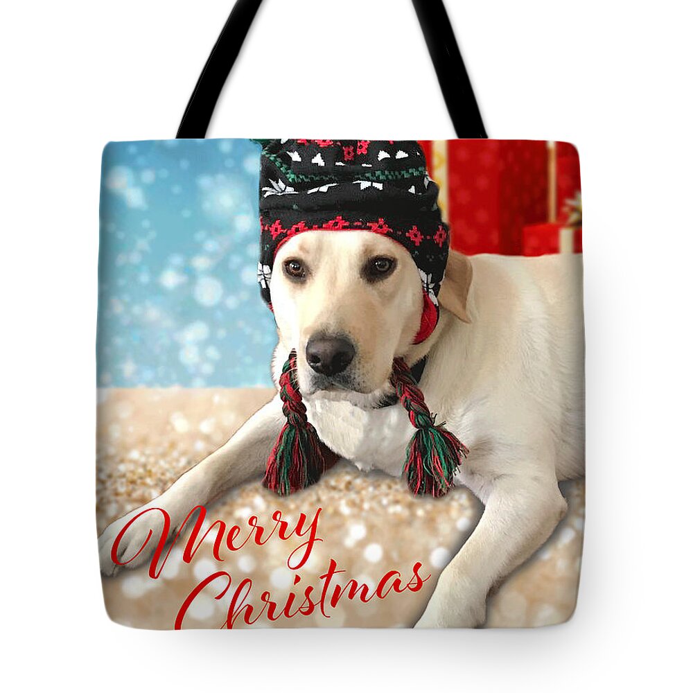 Labrador Tote Bag featuring the digital art Merry Christmas Cute Labrador Dog Wishes by Inge Lewis