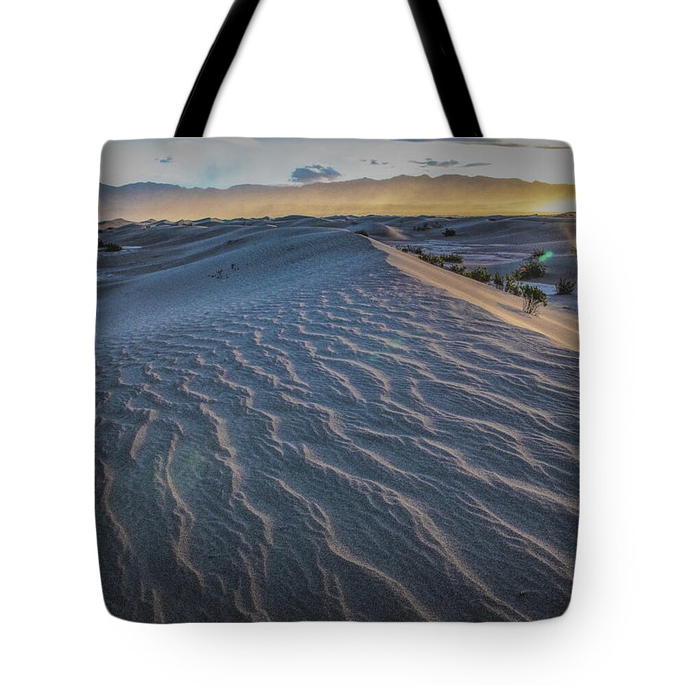 Death Valley National Park Tote Bag featuring the photograph Mesquite Dunes Death Valley Sunrise by Patricia Dennis