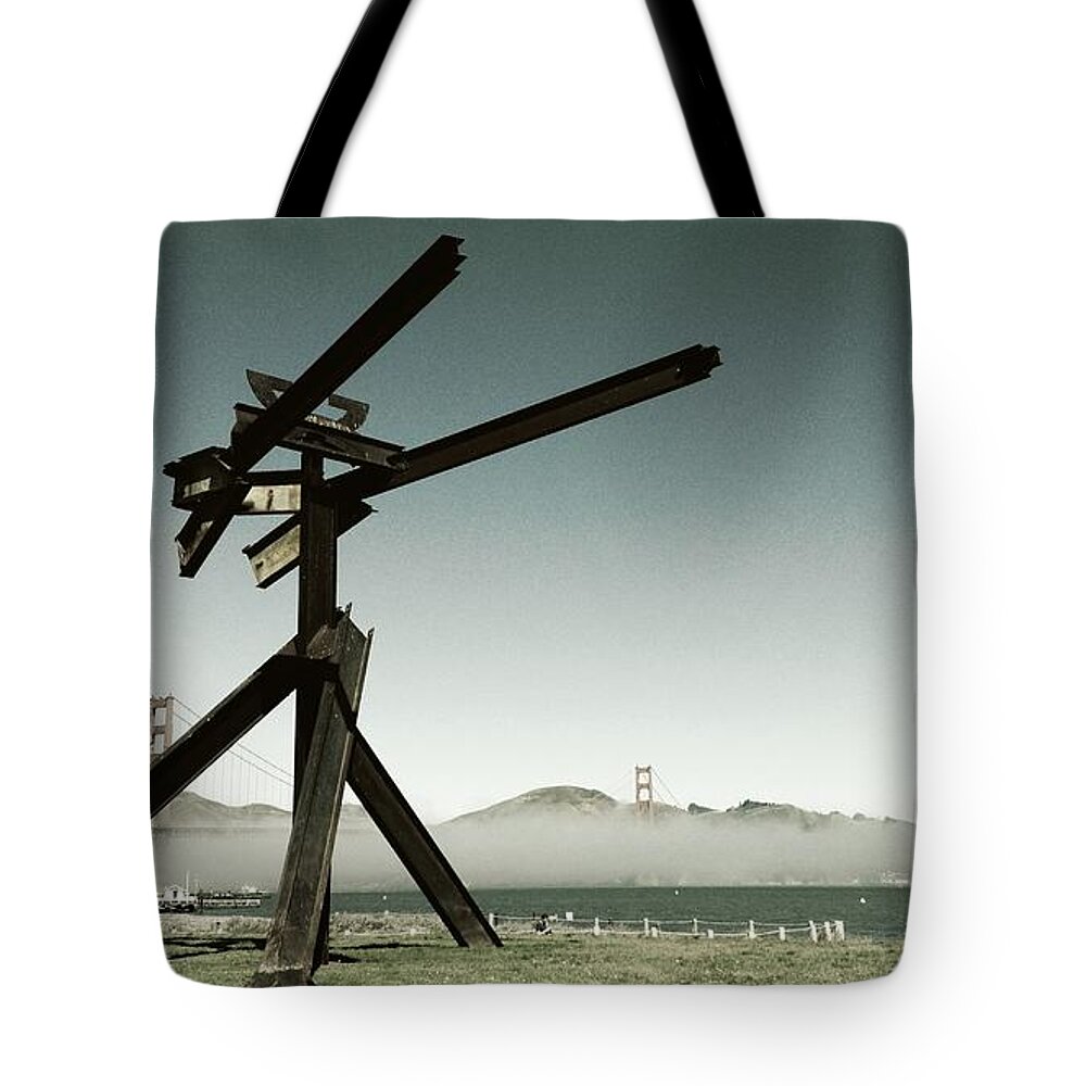 Metal Sculpture Tote Bag featuring the photograph Metal Art by Mark di Suvero by Manuela's Camera Obscura