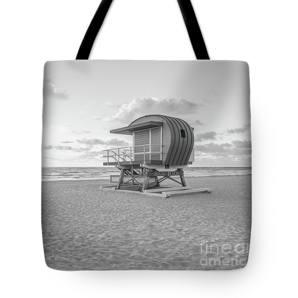 1st Tote Bag featuring the photograph Miami Beach 1st Street Lifeguard Tower Black and White Photo by Paul Velgos