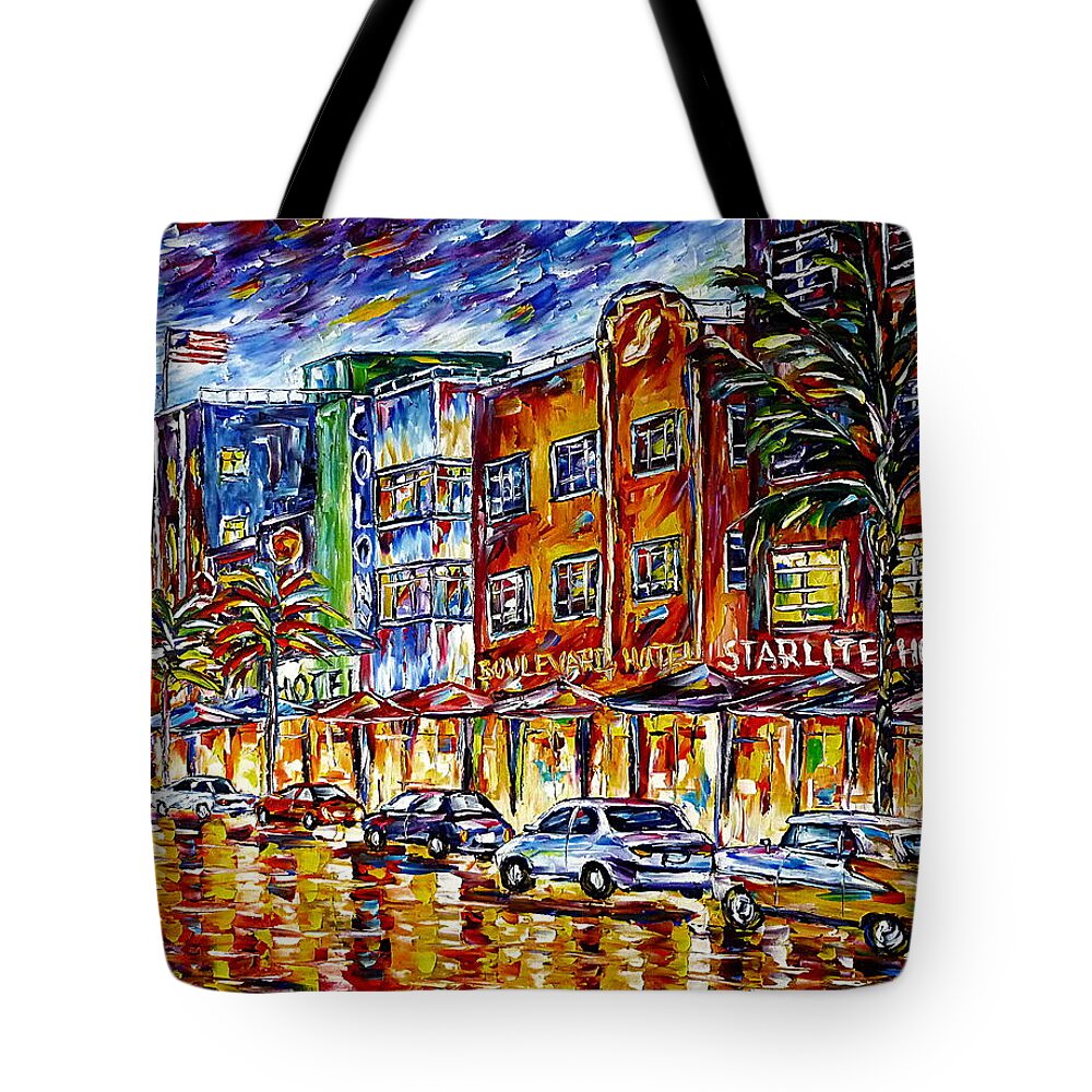 I Love Miami Tote Bag featuring the painting Miami Beach by Mirek Kuzniar