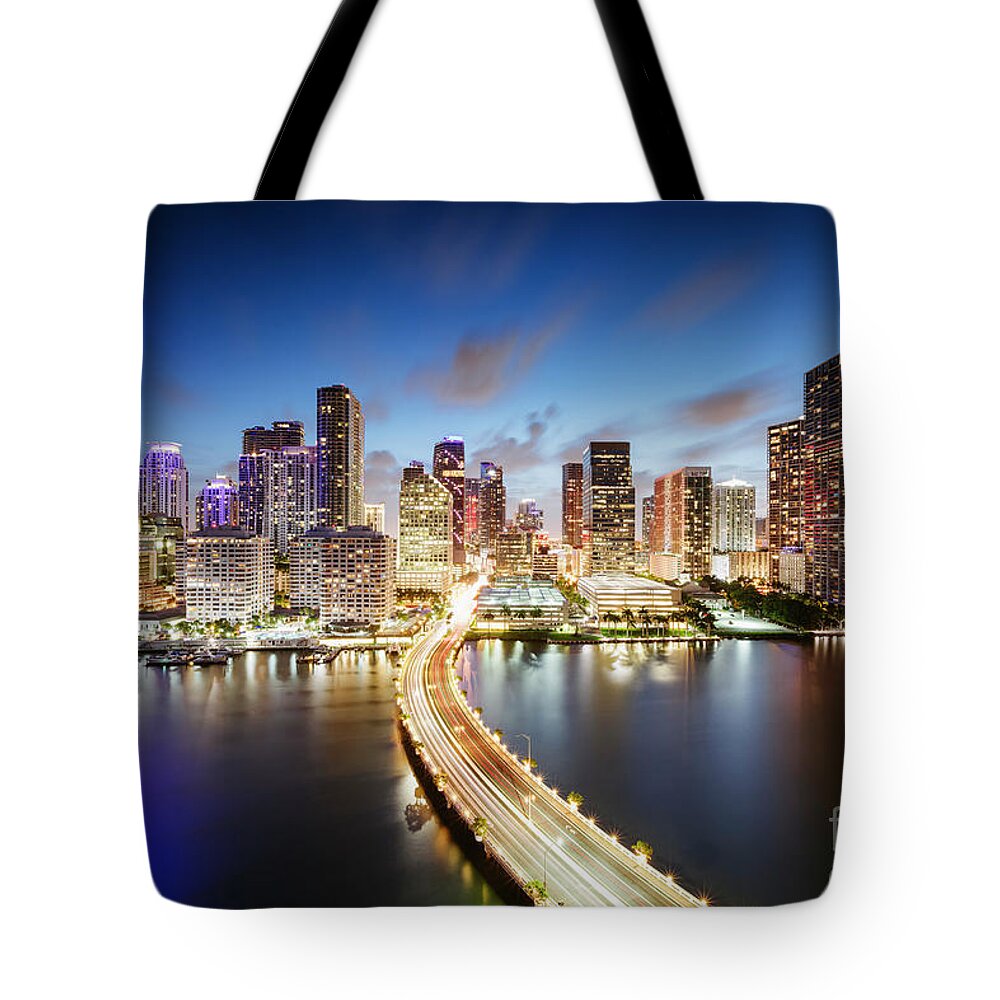 Miami Tote Bag featuring the photograph Miami skyline at night by Matteo Colombo