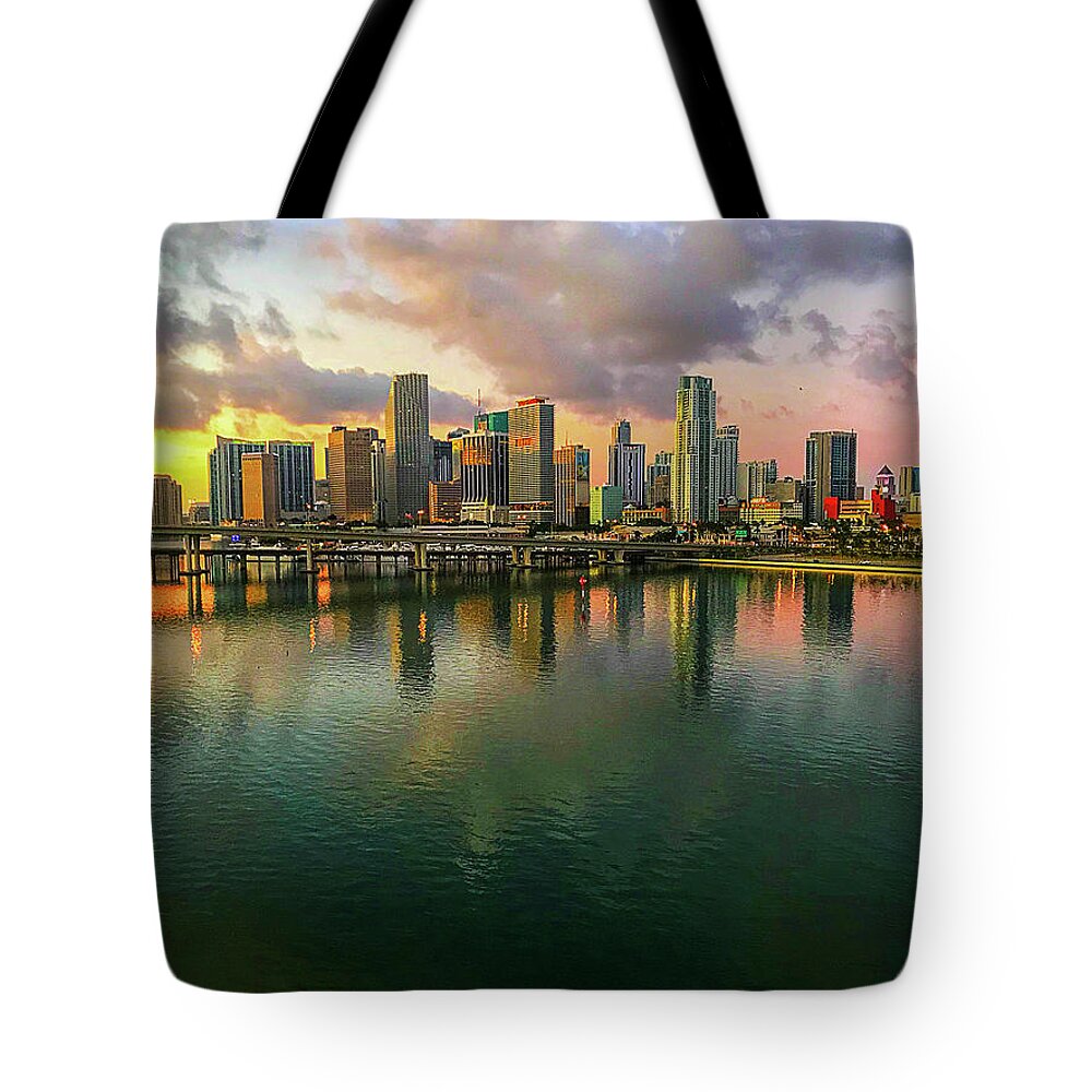 Miami Tote Bag featuring the photograph Miami Skyline at Sunrise by Bill Barber