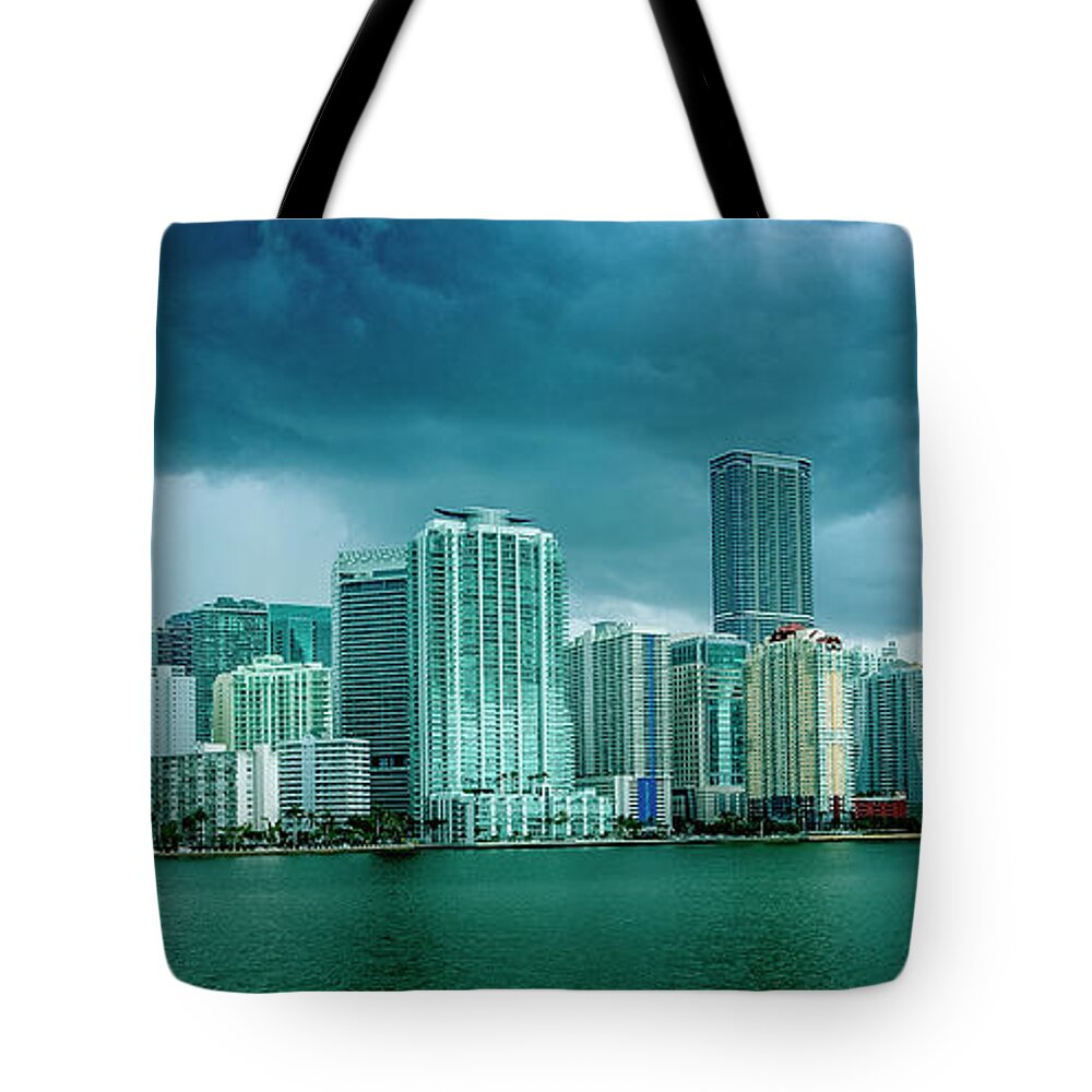 Biscayne Bay Tote Bag featuring the digital art Miami Skyline from Biscayne Bay by SnapHappy Photos