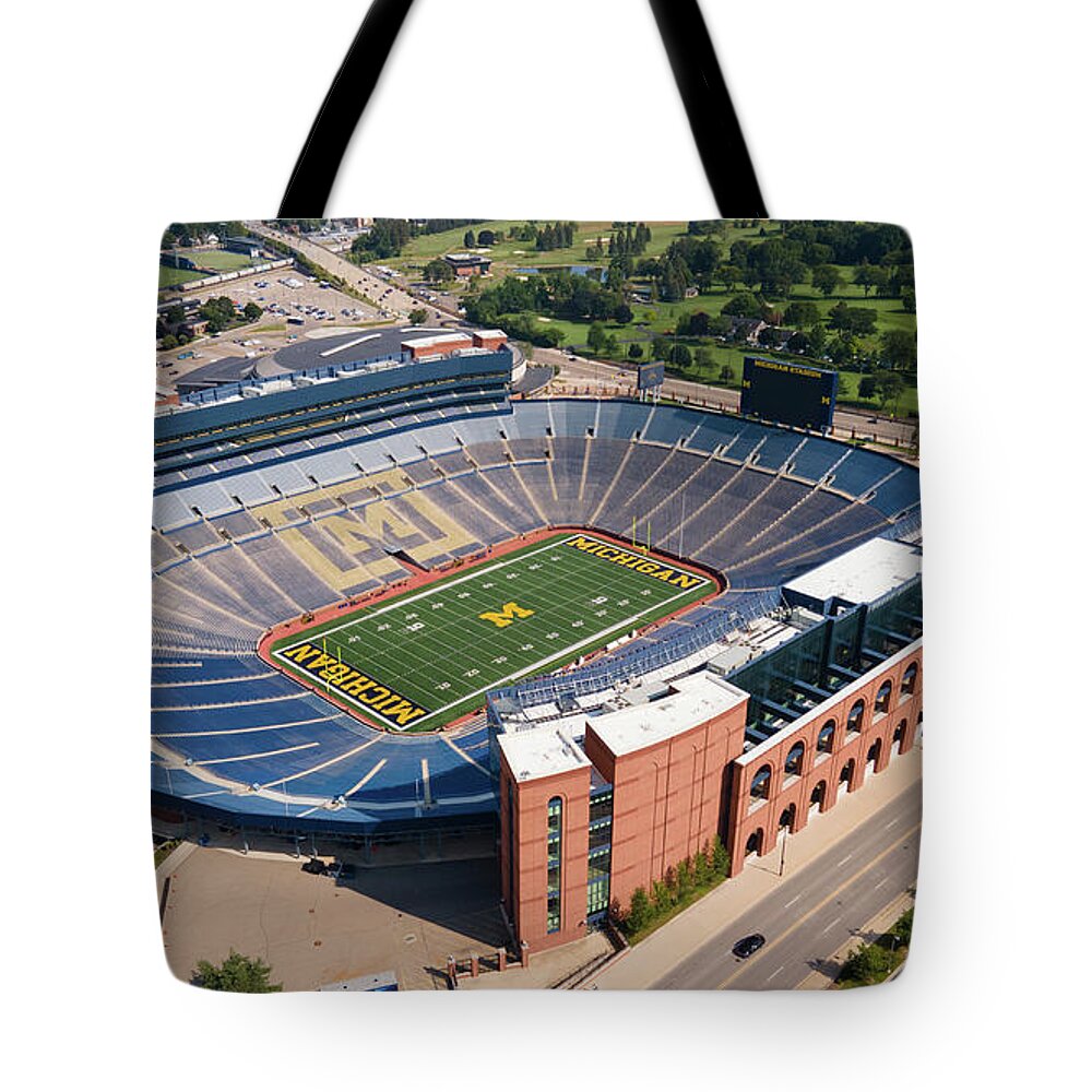 Michigan Football Tote Bag featuring the photograph Michigan Stadium overhead by Eldon McGraw