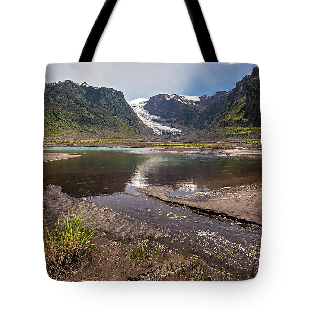 Chile Tote Bag featuring the photograph Michinmahuida glacier with pond reflexion by Henri Leduc