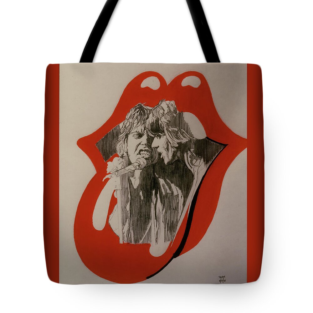 Mick Jagger Tote Bag featuring the drawing Mick Jagger And Keith Richards - Exiled by Sean Connolly