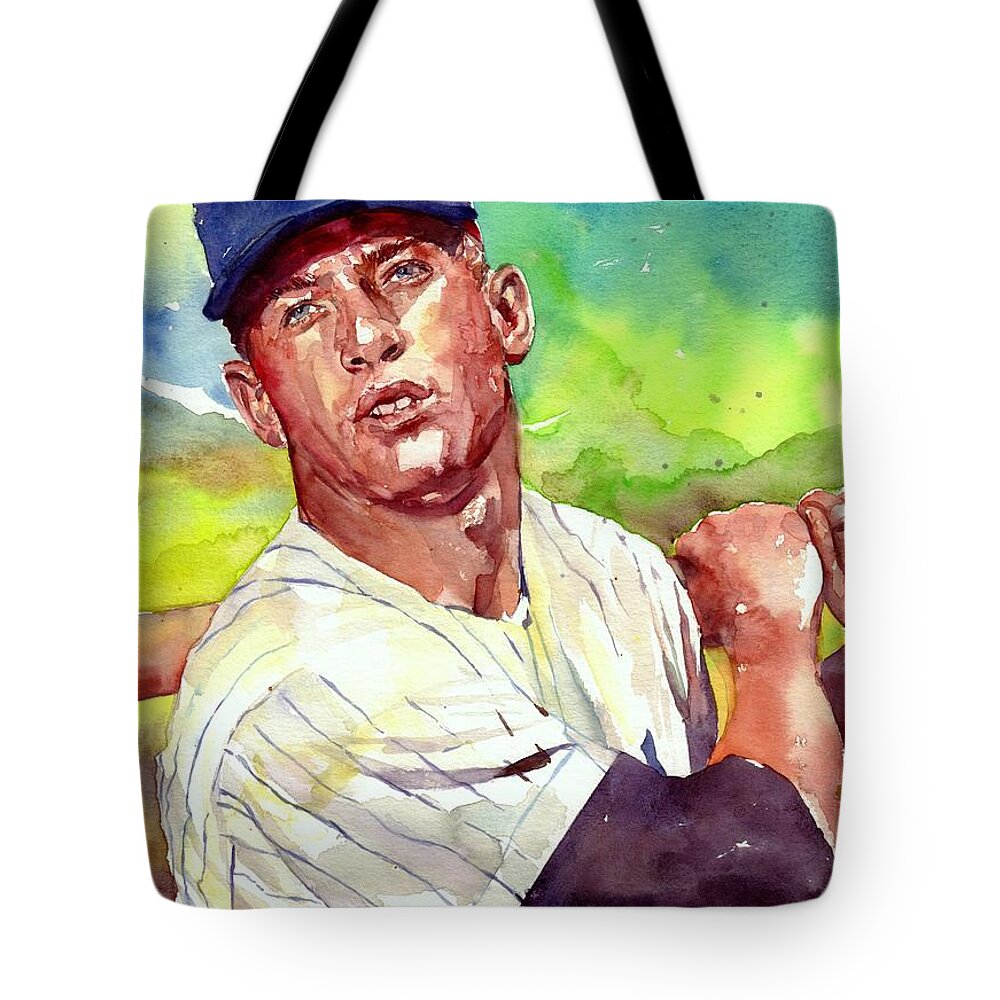 Mick Tote Bag featuring the painting Mickey Mantle Watercolor Portrait by Suzann Sines