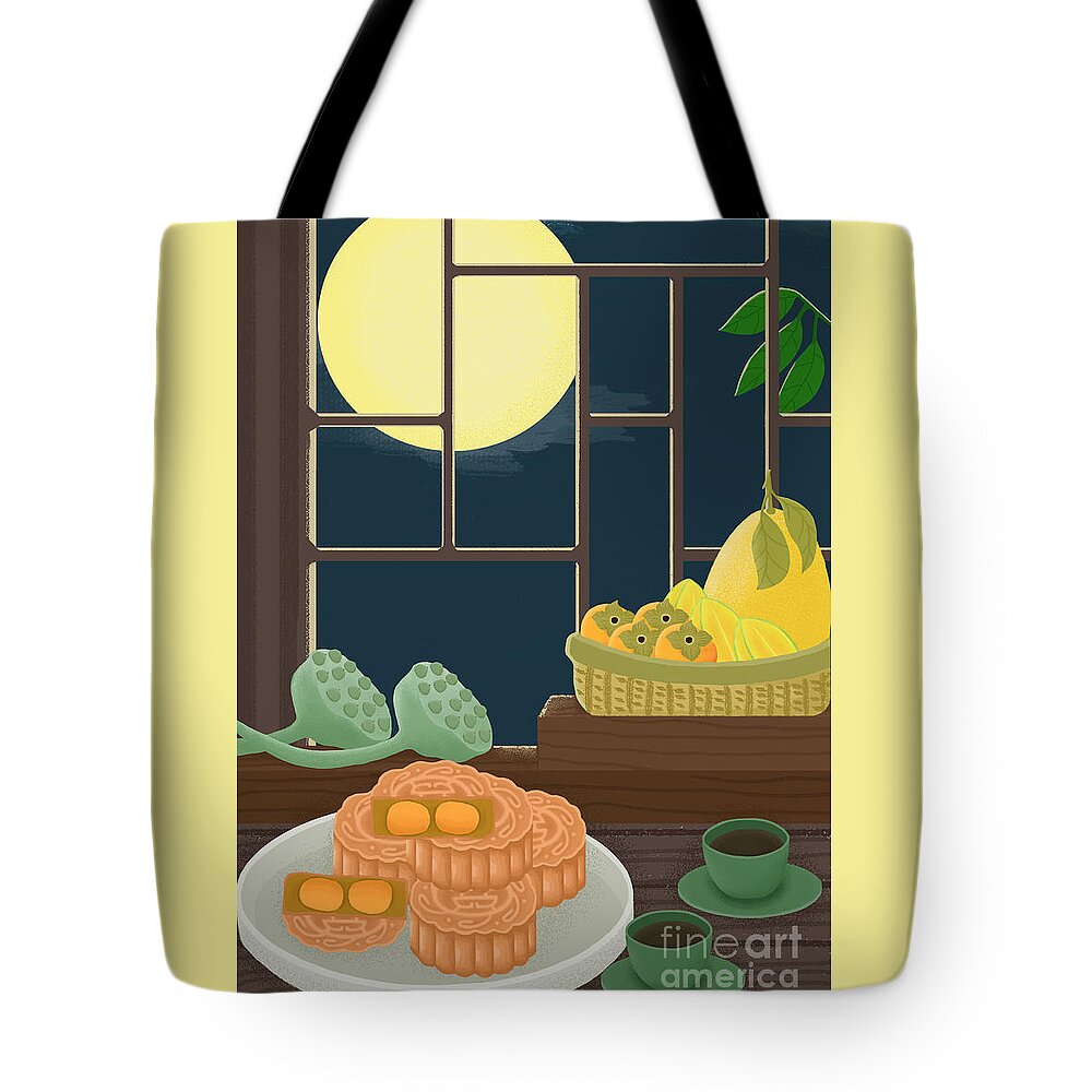 Moon Cakes Tote Bag featuring the drawing Mid-Autumn Festival Moon Cake Illustration by Min Fen Zhu