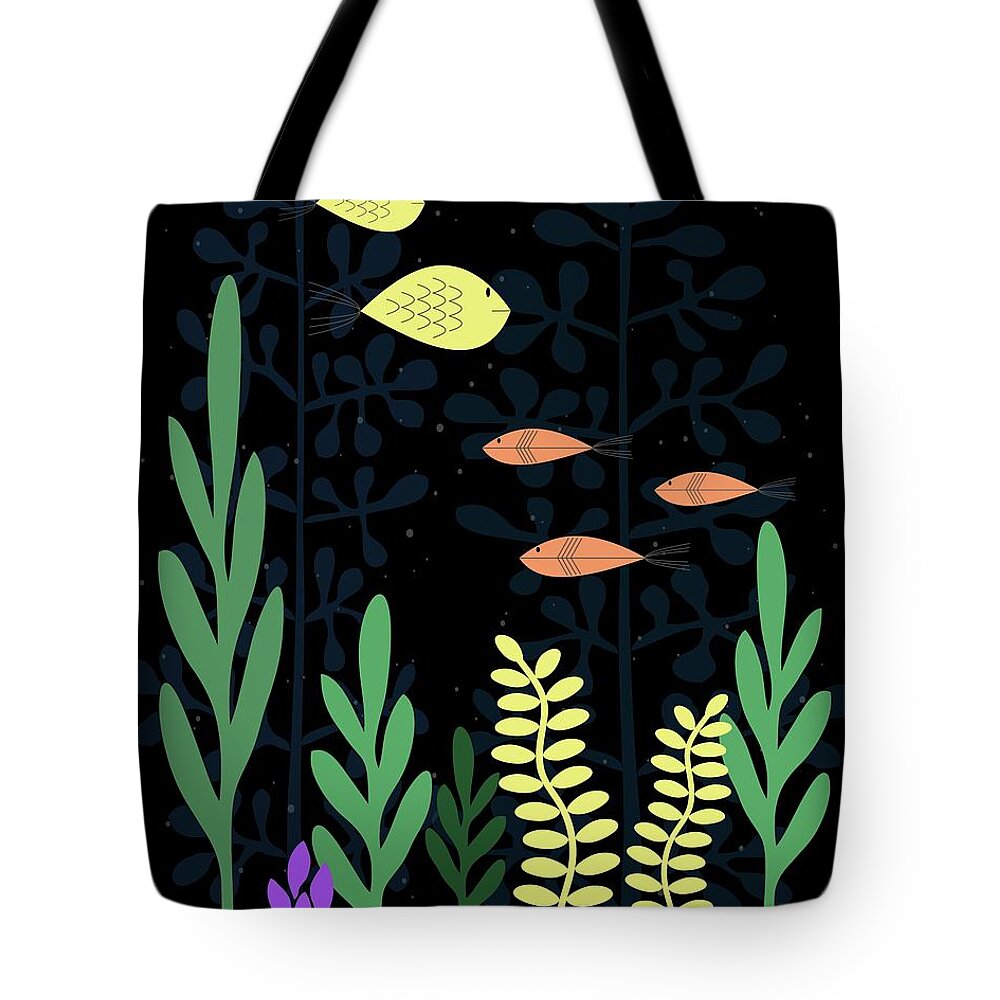 Mid Century Fish Tote Bag featuring the digital art Mid Century Aquarium Black by Donna Mibus