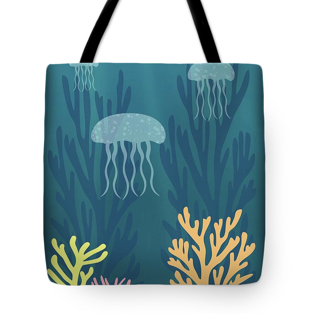 Mid Century Fish Tank Tote Bag featuring the digital art Mid Century Aquarium with Jellyfish by Donna Mibus
