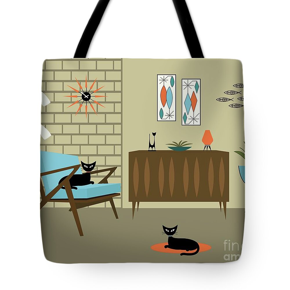 Z Chair Tote Bag featuring the digital art Mid Century Blue Z Chair Room by Donna Mibus