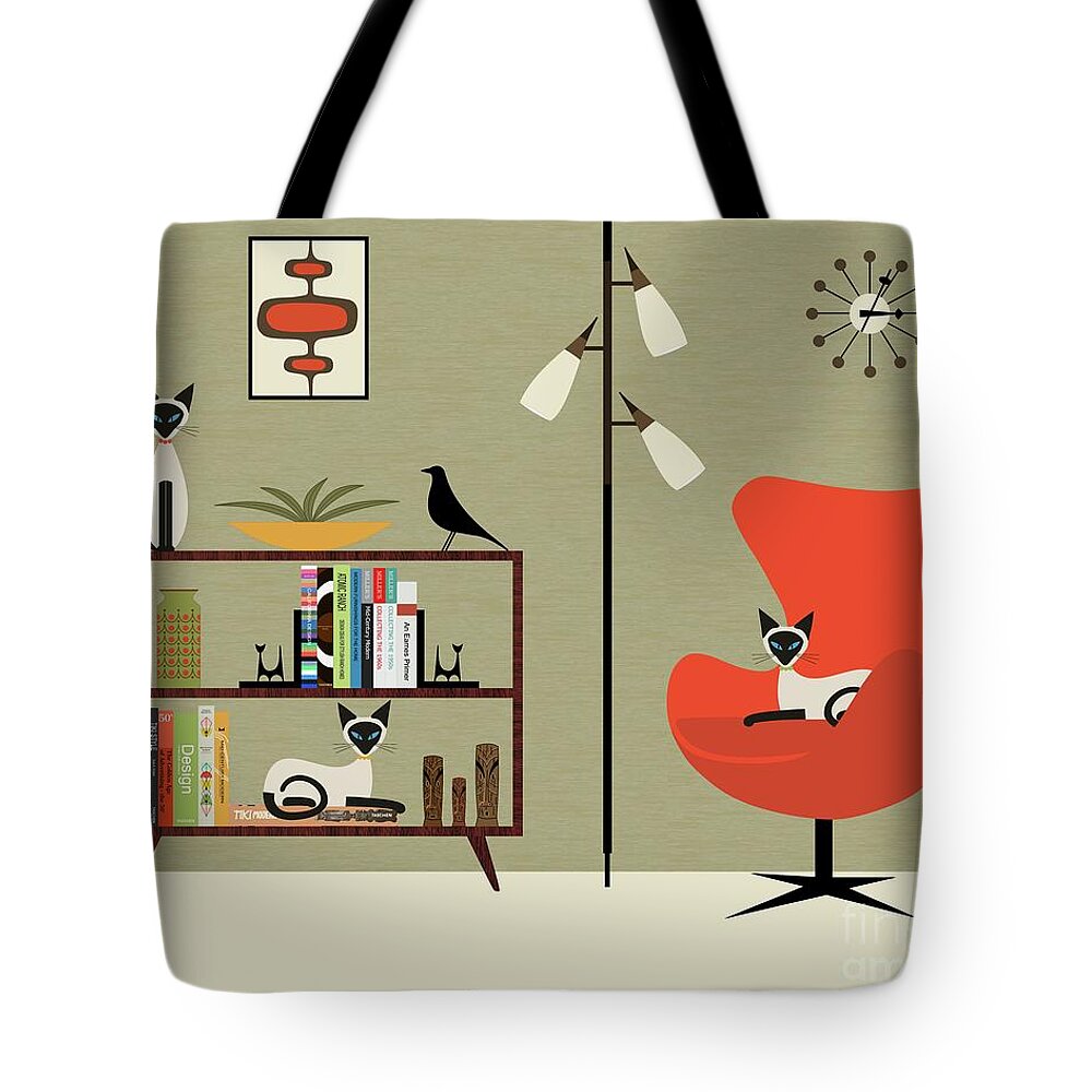 Mid Century Modern Tote Bag featuring the digital art Mid Century Bookcase Room with Siamese by Donna Mibus
