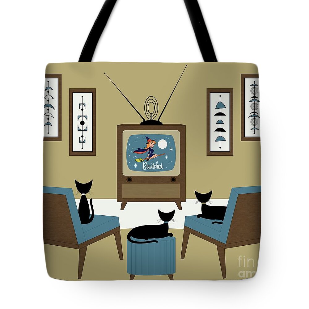 Cats Tote Bag featuring the digital art Mid Century Cat Watching TV by Donna Mibus