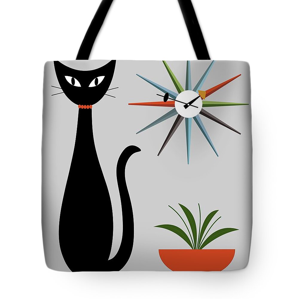 Mid Century Cat Tote Bag featuring the digital art Mid Century Cat with Starburst Clock on Gray by Donna Mibus