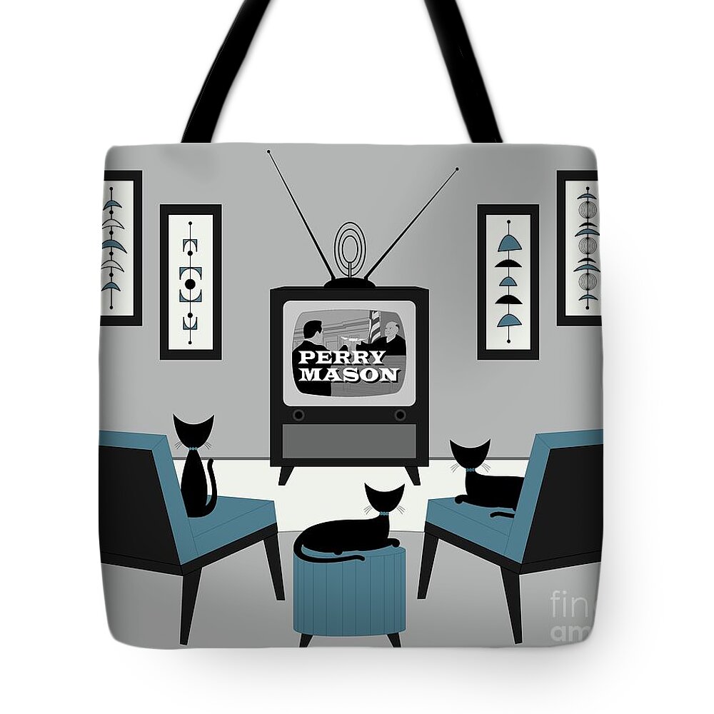 Mid Century Cat Tote Bag featuring the digital art Mid Century Cats Watch Perry Mason by Donna Mibus