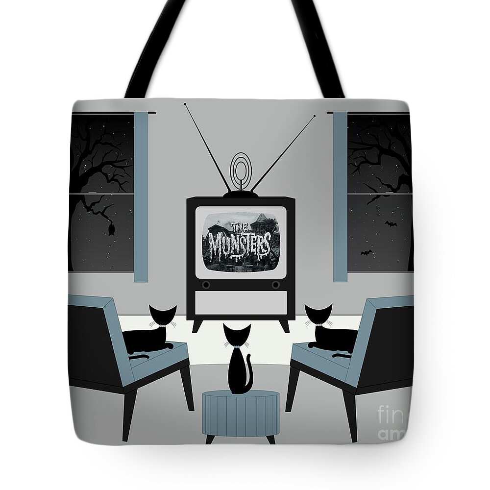 Cats Watch Tv Tote Bag featuring the digital art Mid Century Cats Watch the Munsters by Donna Mibus