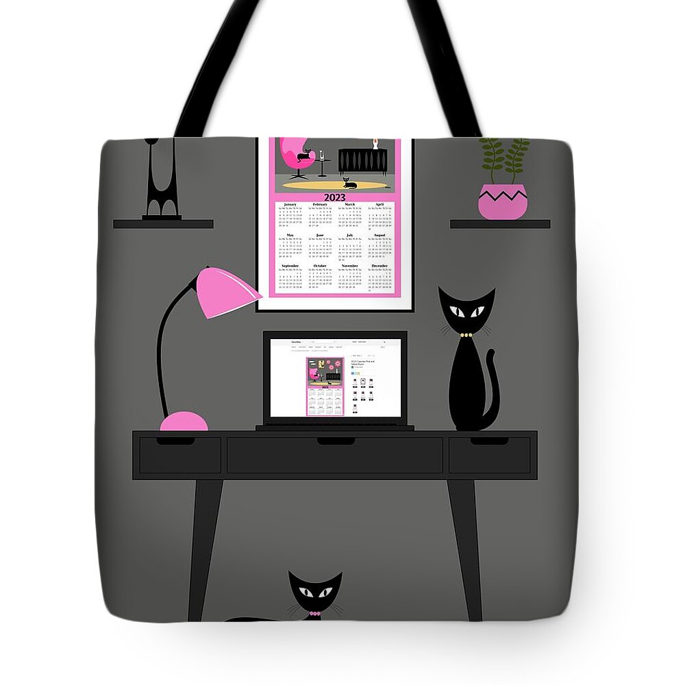 Mid Century Cat Tote Bag featuring the digital art Mid Century Desk 3 by Donna Mibus