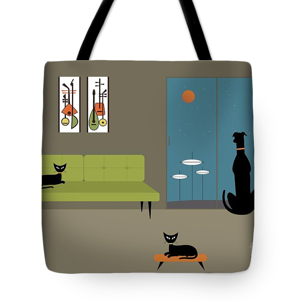 Mid Century Modern Tote Bag featuring the digital art Mid Century Dog Spies Space Pods by Donna Mibus
