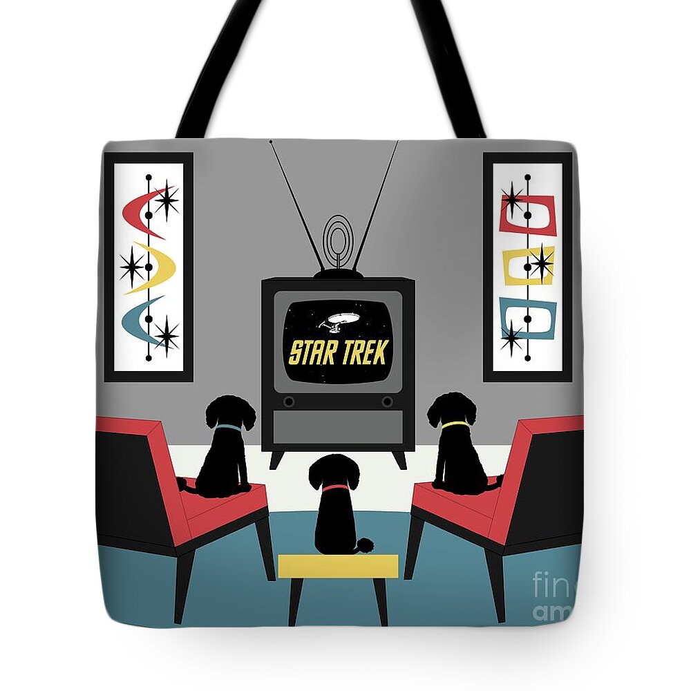 Mid Century Dog Tote Bag featuring the digital art Mid Century Dogs Watch Star Trek by Donna Mibus