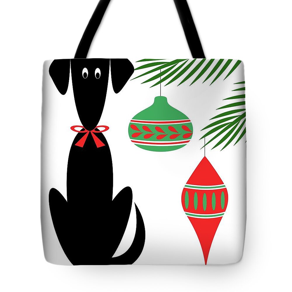 Mid Century Modern Tote Bag featuring the digital art Mid Century Holiday Dog with Ornaments by Donna Mibus