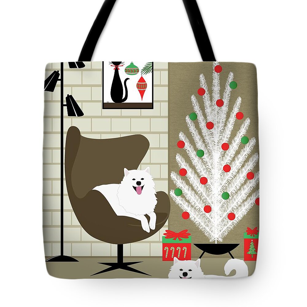 Mid Century Modern Tote Bag featuring the digital art Mid Century Holiday Room with Two White Dogs by Donna Mibus