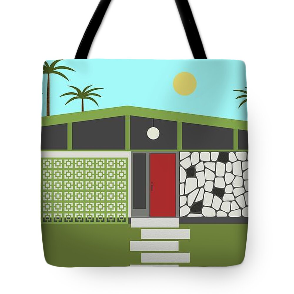 Mcm Tote Bag featuring the digital art Mid Century Modern House in Green by Donna Mibus