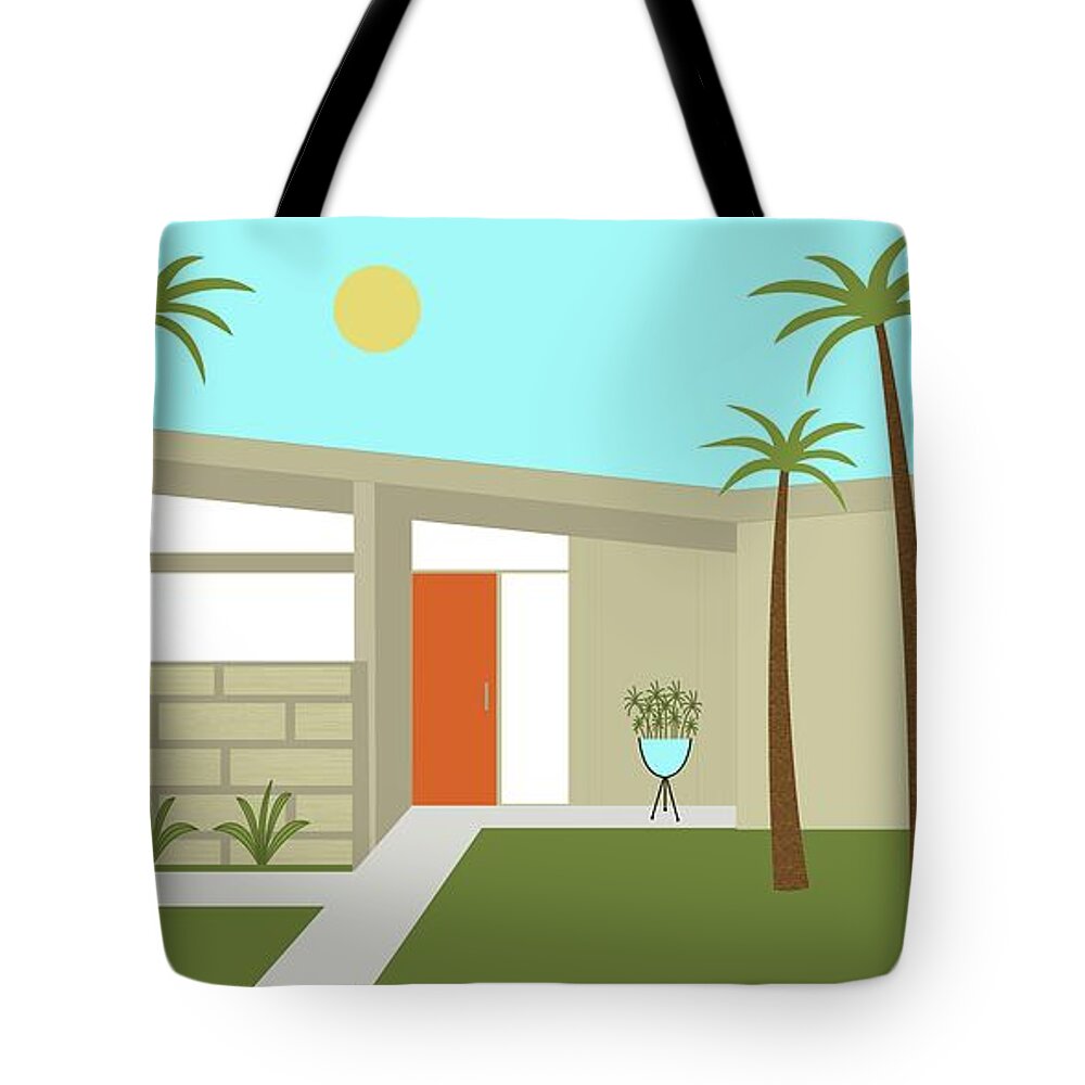 Mcm Tote Bag featuring the digital art Mid Century Modern House in Tan by Donna Mibus