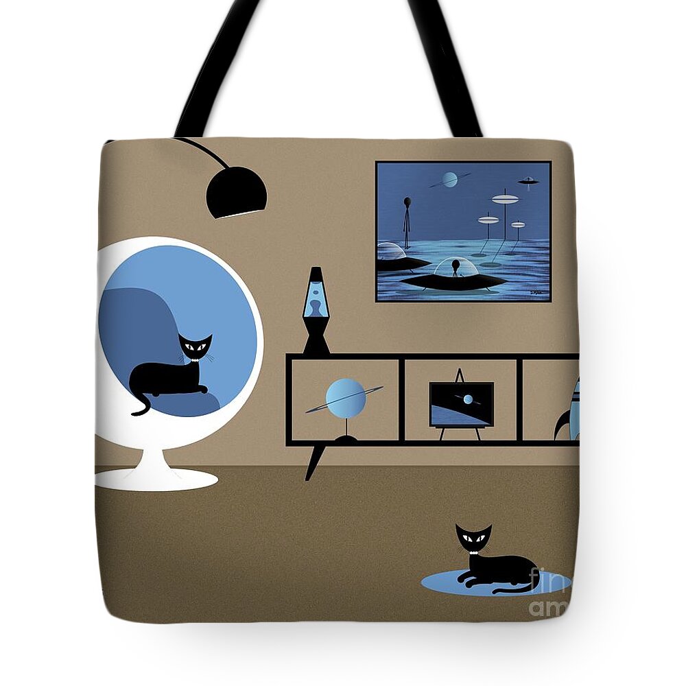 Mid Century Modern Tote Bag featuring the digital art Sci Fi Space Room in Blue by Donna Mibus