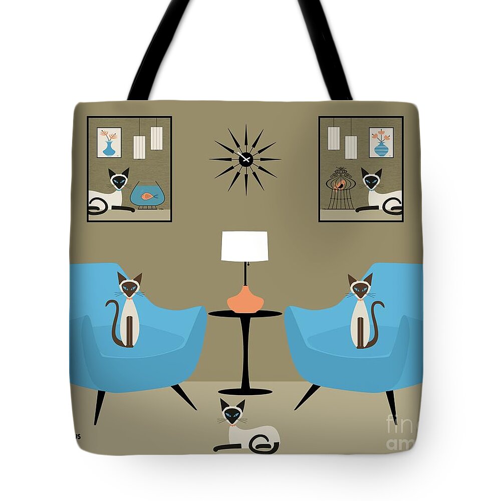 Siamese Cat Tote Bag featuring the digital art Mid Century Room with Siamese Cats by Donna Mibus