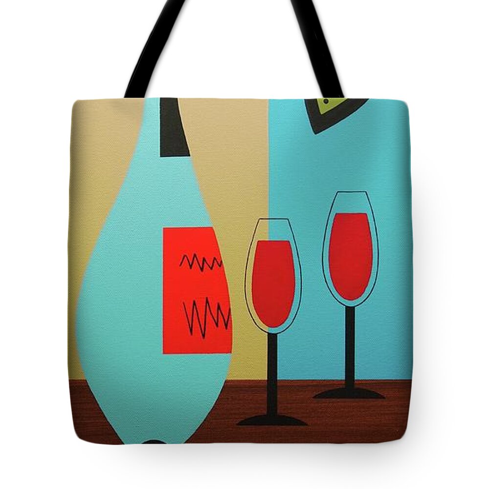 Mid Century Modern Tote Bag featuring the mixed media Mid Century Still Life Wine and Fruit Bowl by Donna Mibus