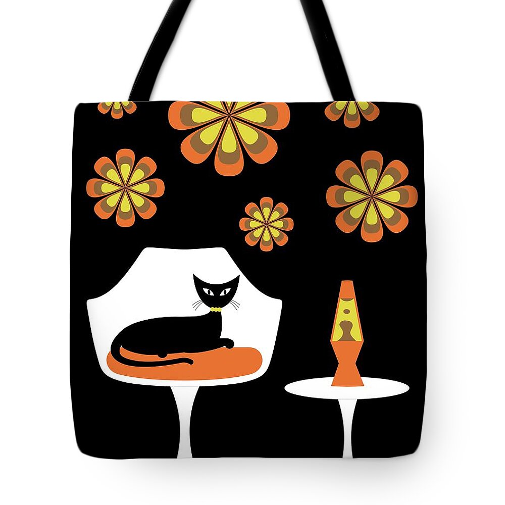 Mid Century Cat Tote Bag featuring the digital art Mid Century Tulip Chair with Orange Mod Flowers by Donna Mibus