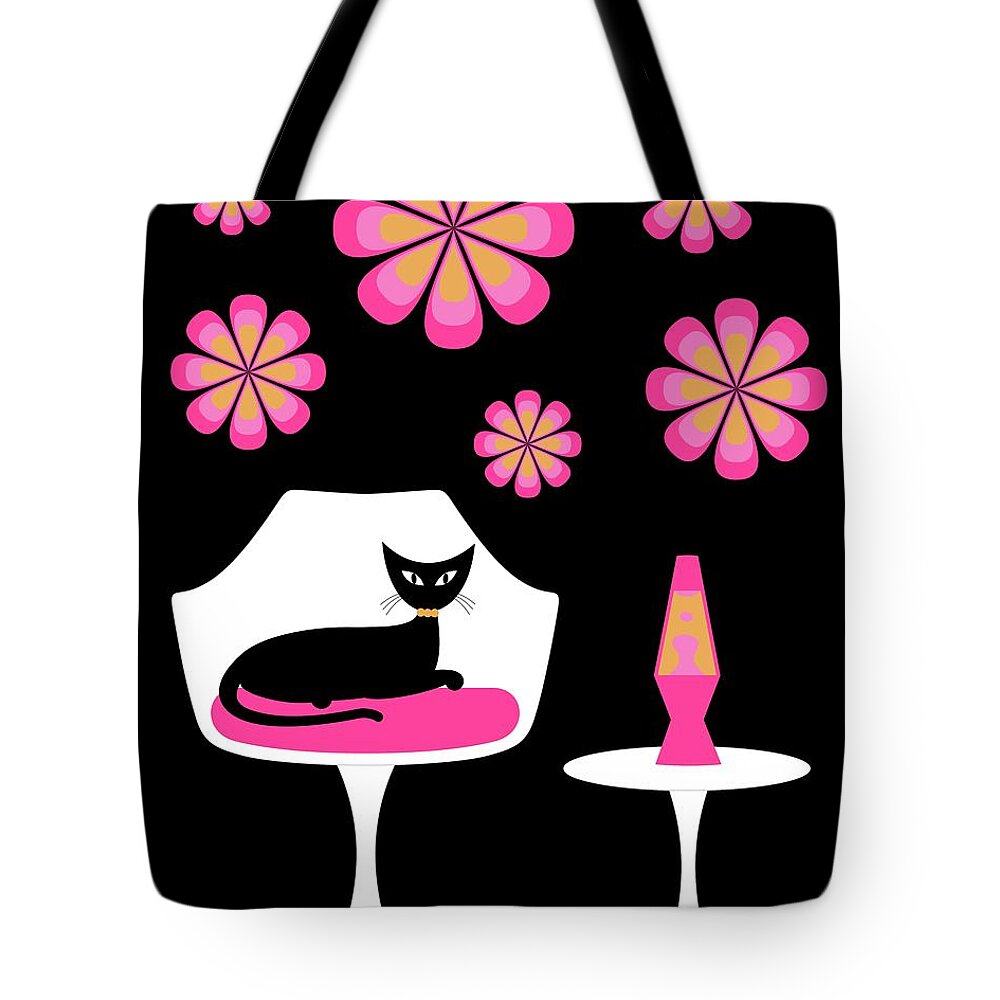 Mid Century Cat Tote Bag featuring the digital art Mid Century Tulip Chair with Pink Mod Flowers by Donna Mibus