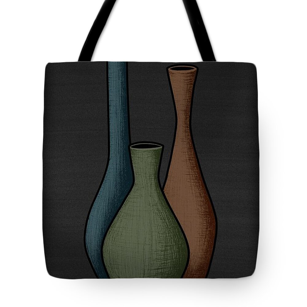 Mid Century Vases Tote Bag featuring the mixed media Mid Century Vases Ink and Color Drawing by Donna Mibus
