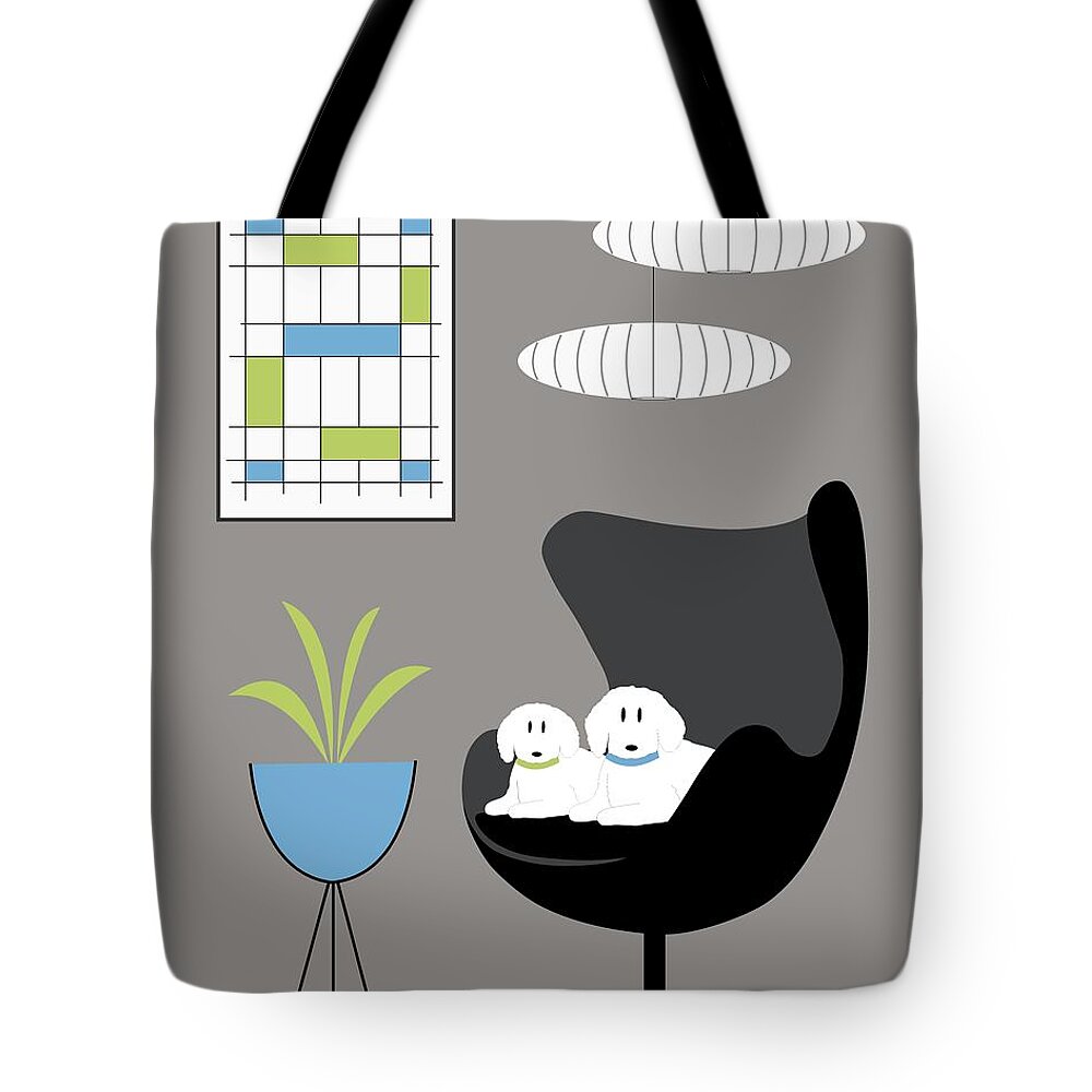 Mid Century Modern Tote Bag featuring the digital art Mid Century White Dogs in Black Egg Chair by Donna Mibus