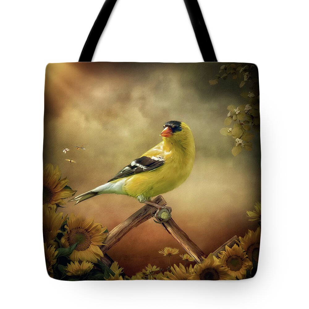 Goldfinch Tote Bag featuring the digital art Midday Goldfinch by Maggy Pease