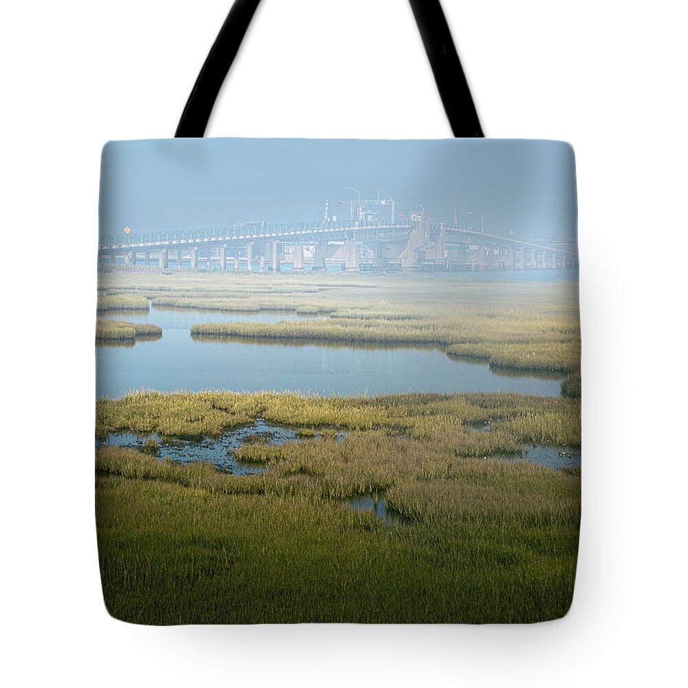 Arched Tote Bag featuring the photograph Middle Thorofare Bridge Light Mist by Jason Fink