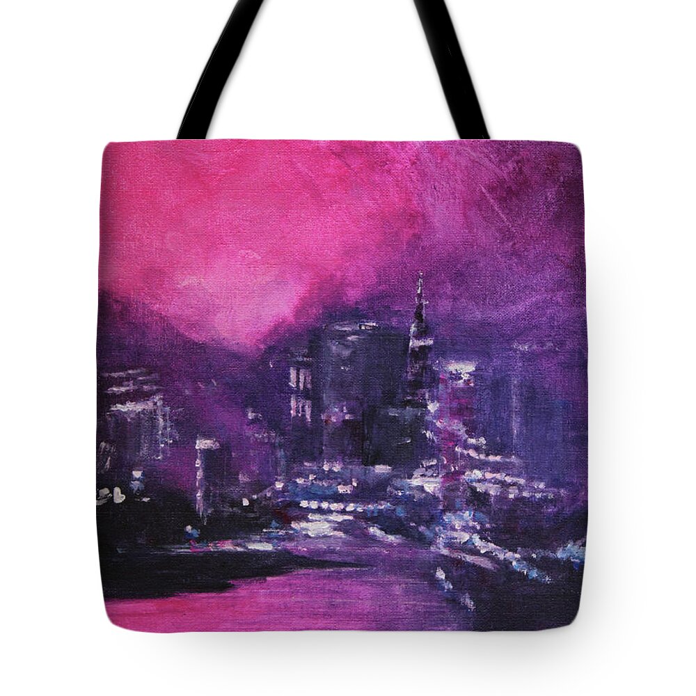 Abstract Cityscape Tote Bag featuring the painting Midnight Blush by Jane See