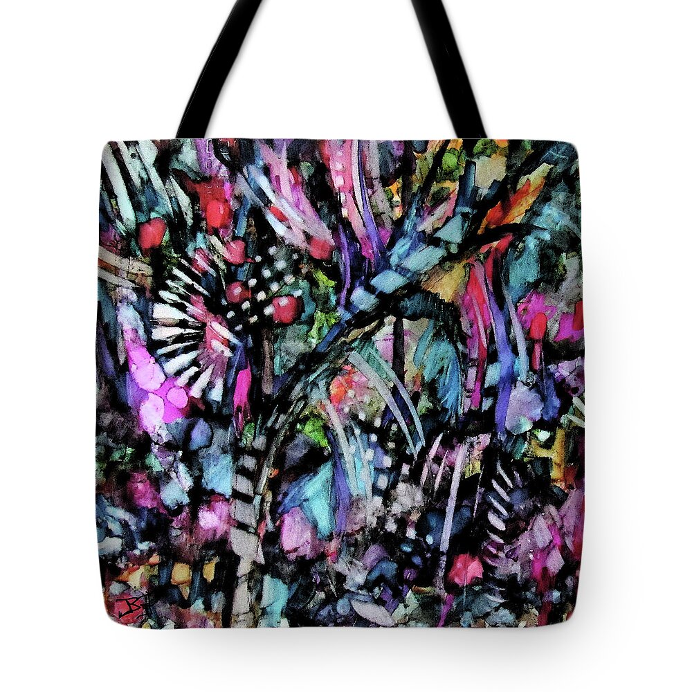 Abstract Tote Bag featuring the mixed media Midnight Jungle Garden by Jean Batzell Fitzgerald